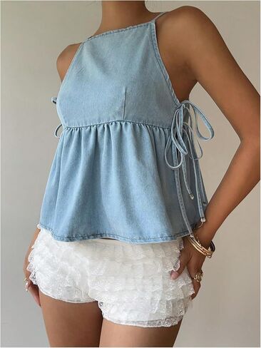 SHENHE Women's Tie Side Denim Tank Top Y2k Sleeveless Ruffle Peplum Jean Cami Babydoll Top in Saudi Arabia