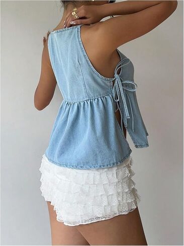 SHENHE Women's Tie Side Denim Tank Top Y2k Sleeveless Ruffle Peplum Jean Cami Babydoll Top in Saudi Arabia