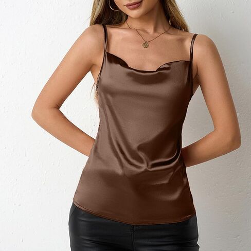 Womens Satin Cowl Neck Tank Top Sleeveless Silk Camisole Dressy Sexy Summer Blouse Party Night Out Shirt in Saudi Arabia