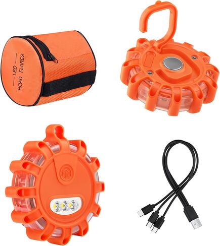 Vancle USB-C Rechargeable LED Road Flares Roadside Emergency Light, Safety Warning Flashing Flare Beacon Disc Strobe Traffic with Magnetic Base for Construction Vehicles Truck Boat (Amber,2 Pack) in Kuwait