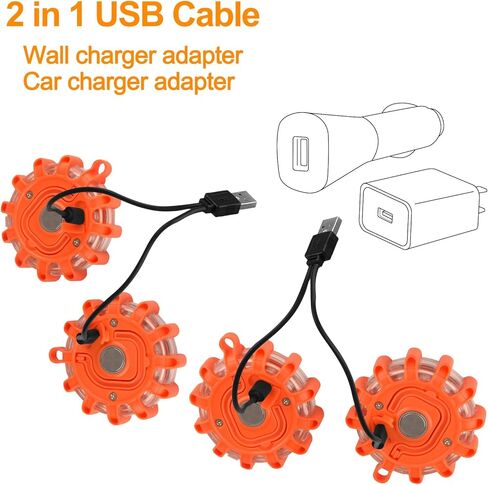 Vancle USB-C Rechargeable LED Road Flares Roadside Emergency Light, Safety Warning Flashing Flare Beacon Disc Strobe Traffic with Magnetic Base for Construction Vehicles Truck Boat (Amber,2 Pack) in Kuwait