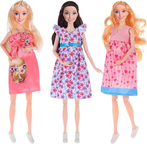 3-Pack 11.5 inch Pregnant Dolls - Fashion Dolls with Interchangeable Pregnant and Normal Bellies - Includes 3 Dolls, 3 Dresses, 3 Babies in Kuwait