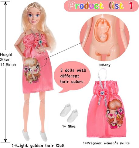 3-Pack 11.5 inch Pregnant Dolls - Fashion Dolls with Interchangeable Pregnant and Normal Bellies - Includes 3 Dolls, 3 Dresses, 3 Babies in Kuwait