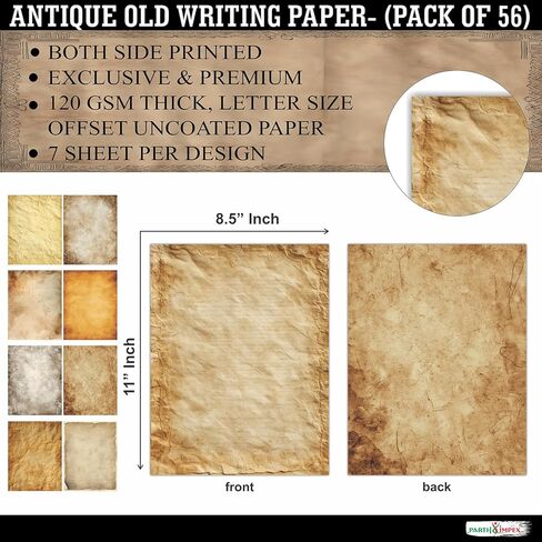 PARTH IMPEX 56 Sheets Vintage Lined Writing Paper 8.5x11 - Letter Size Ruled Stationery Rustic Old Looking Letterhead Printer Paper - 120gsm Thick Uncoated Decorative Colored Antique Aged Design in Kuwait
