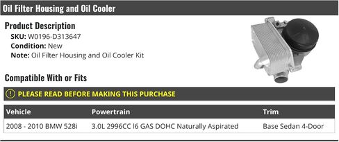 Oil Filter Housing and Oil Cooler Kit - Compatible with 2008-2010 BMW 528i in Saudi Arabia