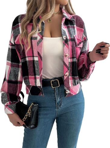 AMOMA Women's Long Sleeve Cropped Flannel Plaid Shacket Button Down Plaid Crop Short Jacket Coat in Saudi Arabia