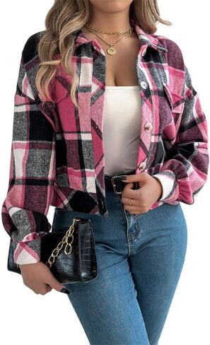 AMOMA Women's Long Sleeve Cropped Flannel Plaid Shacket Button Down Plaid Crop Short Jacket Coat in Saudi Arabia