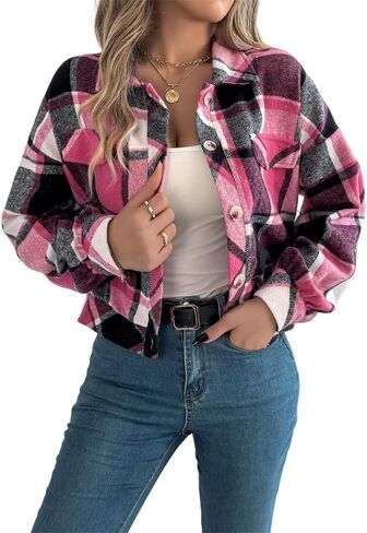 AMOMA Women's Long Sleeve Cropped Flannel Plaid Shacket Button Down Plaid Crop Short Jacket Coat in Saudi Arabia