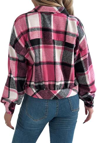 AMOMA Women's Long Sleeve Cropped Flannel Plaid Shacket Button Down Plaid Crop Short Jacket Coat in Saudi Arabia