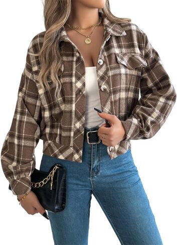 AMOMA Women's Long Sleeve Cropped Flannel Plaid Shacket Button Down Plaid Crop Short Jacket Coat in Saudi Arabia