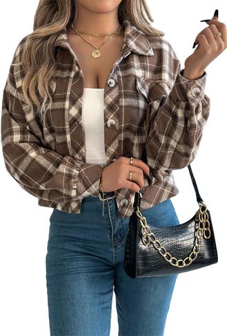 AMOMA Women's Long Sleeve Cropped Flannel Plaid Shacket Button Down Plaid Crop Short Jacket Coat in Saudi Arabia
