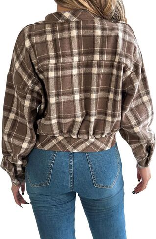 AMOMA Women's Long Sleeve Cropped Flannel Plaid Shacket Button Down Plaid Crop Short Jacket Coat in Saudi Arabia