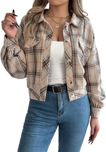 AMOMA Women's Long Sleeve Cropped Flannel Plaid Shacket Button Down Plaid Crop Short Jacket Coat in Saudi Arabia