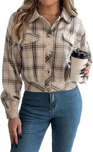 AMOMA Women's Long Sleeve Cropped Flannel Plaid Shacket Button Down Plaid Crop Short Jacket Coat in Saudi Arabia