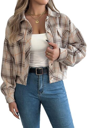 AMOMA Women's Long Sleeve Cropped Flannel Plaid Shacket Button Down Plaid Crop Short Jacket Coat in Saudi Arabia