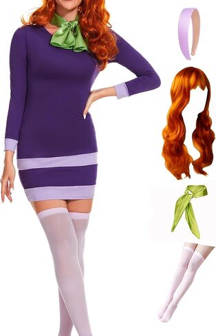 Women's 5pcs Halloween Costume Long Sleeve Bodycon Purple Mini Dress with Wig in Saudi Arabia