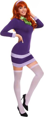 Women's 5pcs Halloween Costume Long Sleeve Bodycon Purple Mini Dress with Wig in Saudi Arabia