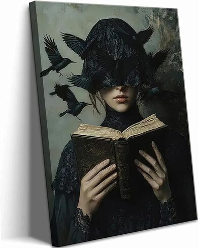 Dark Academia Canvas Wall Art Gothic Victorian Woman Reading Book Wall Decor Picture Moody Dark Crow Aesthetic Poster Print for Gallery Living Room Bedroom Home Decoration 12x16in in Saudi Arabia