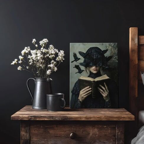 Dark Academia Canvas Wall Art Gothic Victorian Woman Reading Book Wall Decor Picture Moody Dark Crow Aesthetic Poster Print for Gallery Living Room Bedroom Home Decoration 12x16in in Saudi Arabia