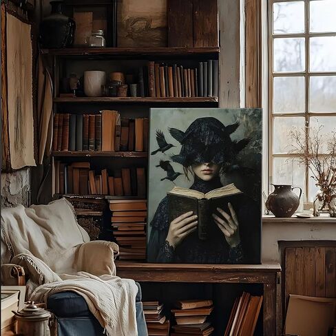 Dark Academia Canvas Wall Art Gothic Victorian Woman Reading Book Wall Decor Picture Moody Dark Crow Aesthetic Poster Print for Gallery Living Room Bedroom Home Decoration 12x16in in Saudi Arabia