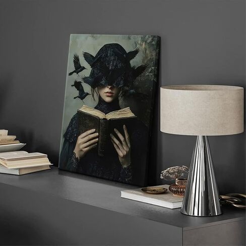 Dark Academia Canvas Wall Art Gothic Victorian Woman Reading Book Wall Decor Picture Moody Dark Crow Aesthetic Poster Print for Gallery Living Room Bedroom Home Decoration 12x16in in Saudi Arabia
