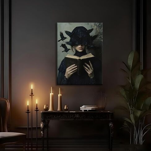 Dark Academia Canvas Wall Art Gothic Victorian Woman Reading Book Wall Decor Picture Moody Dark Crow Aesthetic Poster Print for Gallery Living Room Bedroom Home Decoration 12x16in in Saudi Arabia