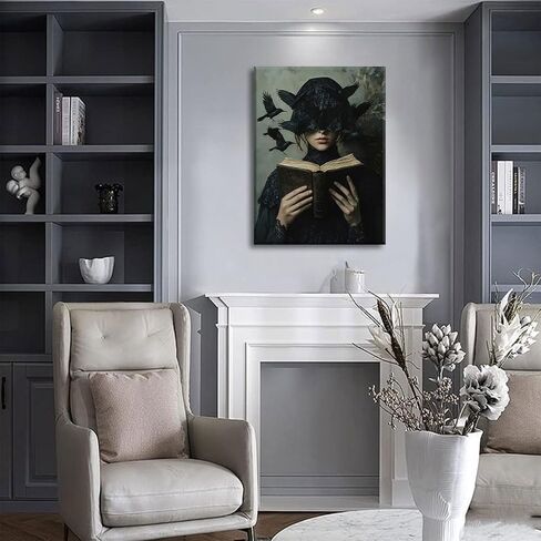 Dark Academia Canvas Wall Art Gothic Victorian Woman Reading Book Wall Decor Picture Moody Dark Crow Aesthetic Poster Print for Gallery Living Room Bedroom Home Decoration 12x16in in Saudi Arabia