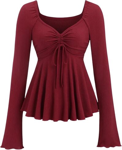 SOLY HUX Women's Peplum Tops Long Sleeve Babydoll Shirts Y2k Cute Tie Front Sweetheart Neckline Top in Kuwait