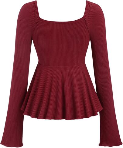 SOLY HUX Women's Peplum Tops Long Sleeve Babydoll Shirts Y2k Cute Tie Front Sweetheart Neckline Top in Kuwait