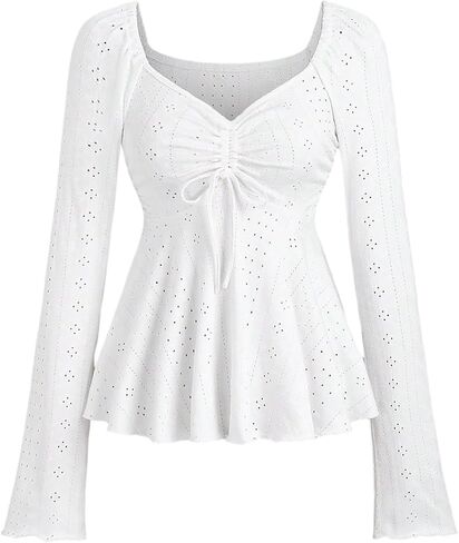SOLY HUX Women's Peplum Tops Long Sleeve Babydoll Shirts Y2k Cute Tie Front Sweetheart Neckline Top in Kuwait