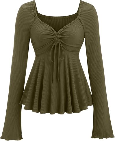 SOLY HUX Women's Peplum Tops Long Sleeve Babydoll Shirts Y2k Cute Tie Front Sweetheart Neckline Top in Saudi Arabia