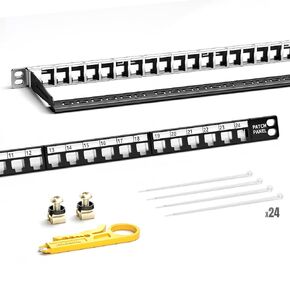 AMPCOM 24 Port Blank Keystone Patch Panel - Half U (0.5U) 19-inch Rackmount or wallmount Unloaded Modular Panel with Metal Rear Cable Management Bar for UTP/STP RJ45 Network, HDMI and USB