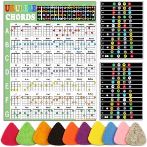 Ukulele Chord Chart with Ukulele Fretboard Stickers and 10 Color Ukulele Picks