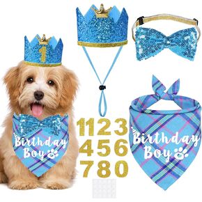 JOTFA Dog Birthday Party Supplies, Multi Sizes Dog Birthday Bandana Boy Dog Birthday Hat Crown with Birthday Numbers Bow Tie for Large Extra Large Dogs Pets (Light Blue, X-Large)