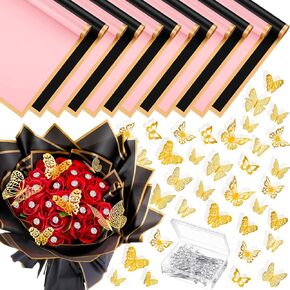 Hanaive Wedding Corsages Set Include 100 Pcs Bouquet Wedding Corsages Pins 48 Pcs 3D Gold Butterfly Wall Decor 12 Sheets of Flower Wrapping Paper for Wedding Mother's Day Birthday Party (Pink, Black)