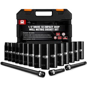 BLACKROBOT 18 قطعة مقاس 1/2 بوصة مجموعة مقابس مترية عميقة التأثير، مجموعة مقابس 18 قطعة (10 مم - 24 مم)، تتضمن قضبان تمديد تأثير 3 بوصات و5 بوصات و10 بوصات، مجموعة مقابس Cr-V بتصميم 6 نقاط، تلبي معايير ANSI المعايير in Kuwait