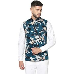 IDDHA Dark Blue Floral Print Men's Nehru Jacket, Indian Ethnic & Wedding Wear for Men