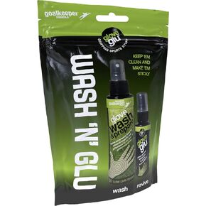 gloveglu Wash 'N' Glu Goalkeeper Glove Spray Bundle. Contains gloveglu 120ml Premium Goalkeeper Glove Wash & Prepare Wash + gloveglu 50ml Original Goalkeeper Grip Spray