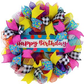 Birthday Wreath for Front Door - Family Happy Birth Day Decor - Pink Red Blue White Yellow