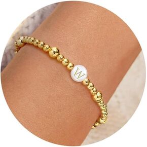 Sistble Gold Beaded Bracelets for Women Teen Girl Gifts 14K Gold Plated Initial Bracelet Letter A-Z Bead Gold Ball Bracelet Mothers Day Birthday Gifts Anniversary Friendship Jewelry Gift for Her