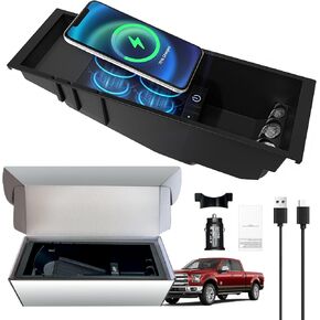 شاحن لاسلكي Wannabe لملحقات Ford F150 2009-2024، شاحن سيارة لاسلكي جديد مزدوج الملف وصندوق تخزين وحدة التحكم المركزية لفورد F150/F250/F350 2015-2023، منظم متعدد الوظائف