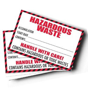 Hazardous Waste Label with Handle with Care, 4"x6", 100 Pack, Red and White Label, Contains Hazardous Or Toxic Wastes Warning,Self-Adhesive