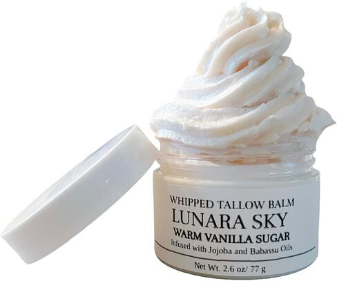 LUNARA SKY 100% من لحم البقر الذي يتغذى على العشب للعناية بالبشرة مع زيت الجوجوبا والباباسو - الوجه + الجسم - مرطب مخفوق للبشرة الحساسة - غسول طبيعي 100%، 2.6 أونصة سائلة. أوقية. (سكر الفانيليا الدافئ) in Kuwait