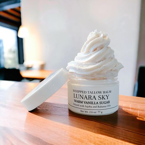 LUNARA SKY 100% من لحم البقر الذي يتغذى على العشب للعناية بالبشرة مع زيت الجوجوبا والباباسو - الوجه + الجسم - مرطب مخفوق للبشرة الحساسة - غسول طبيعي 100%، 2.6 أونصة سائلة. أوقية. (سكر الفانيليا الدافئ) in Kuwait
