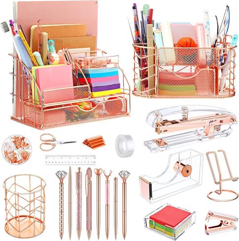 Sherr 21 Pcs Desk Organizers and Accessories Set Desk Supplies Storage Organization 8 Pen Stapler Staple Remover Tape Holder Pen Holder Scissors Binder Clips Phone Holder Ruler(Rose Gold) in Saudi Arabia