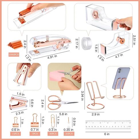 Sherr 21 Pcs Desk Organizers and Accessories Set Desk Supplies Storage Organization 8 Pen Stapler Staple Remover Tape Holder Pen Holder Scissors Binder Clips Phone Holder Ruler(Rose Gold) in Saudi Arabia