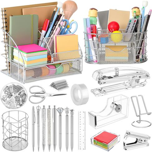 Sherr 21 Pcs Desk Organizers and Accessories Set Desk Supplies Storage Organization 8 Pen Stapler Staple Remover Tape Holder Pen Holder Scissors Binder Clips Phone Holder Ruler(Rose Gold) in Saudi Arabia