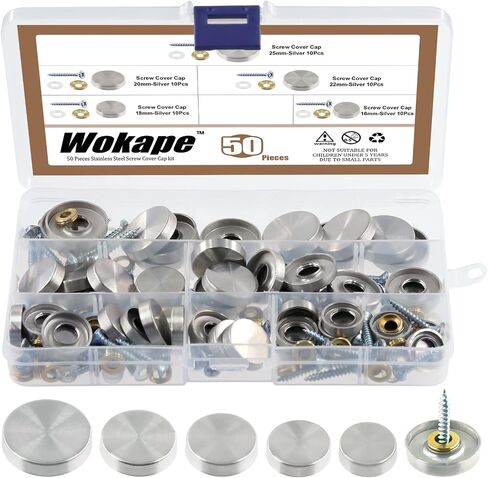 Wokape 50Pcs 16/18/20/22/25mm Stainless Steel Mirror Screw Cover Caps Kit, Mirror Screws Decorative Caps Cover Nails with Screws Fasteners for Wardrobe, Sign Advertising Hardware, Bathroom in Saudi Arabia