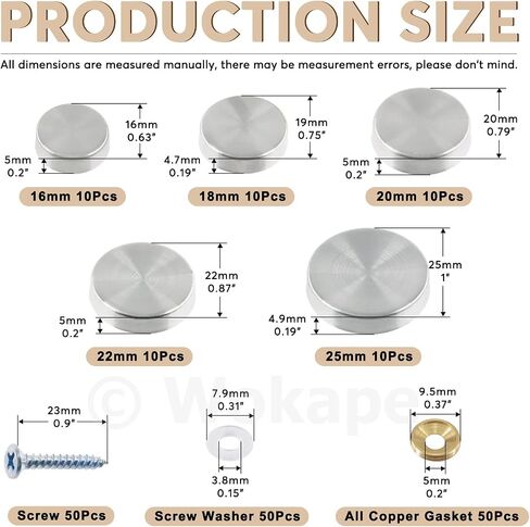 Wokape 50Pcs 16/18/20/22/25mm Stainless Steel Mirror Screw Cover Caps Kit, Mirror Screws Decorative Caps Cover Nails with Screws Fasteners for Wardrobe, Sign Advertising Hardware, Bathroom in Saudi Arabia