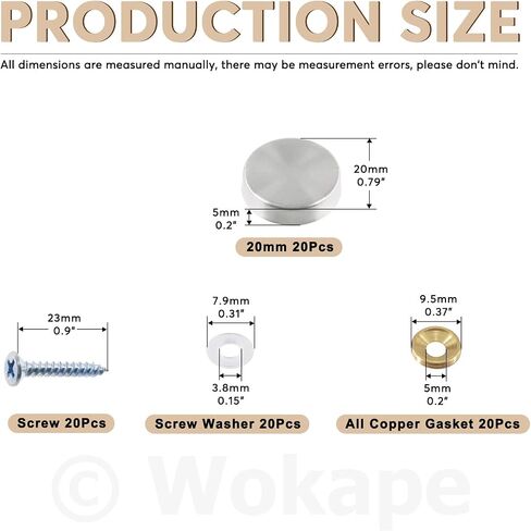 Wokape 20 مجموعة 0.87 بوصة/22 مم طقم أغطية براغي مرآة من الفولاذ المقاوم للصدأ، براغي مرآة أغطية زخرفية تغطي الأظافر مع مثبتات براغي لخزانة الملابس، أجهزة الإعلان اللافتة، الحمام in Kuwait